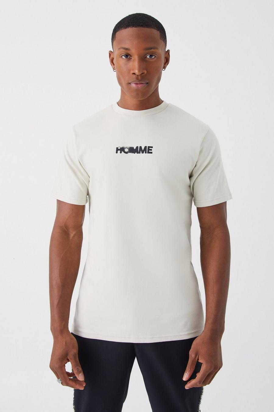 Camiseta ajustada gruesa con estampado gráfico Homme, Light grey