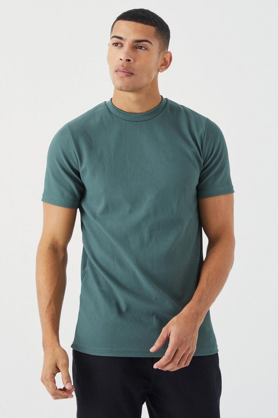 Green Geribbeld Slim Fit Ottoman T-Shirt