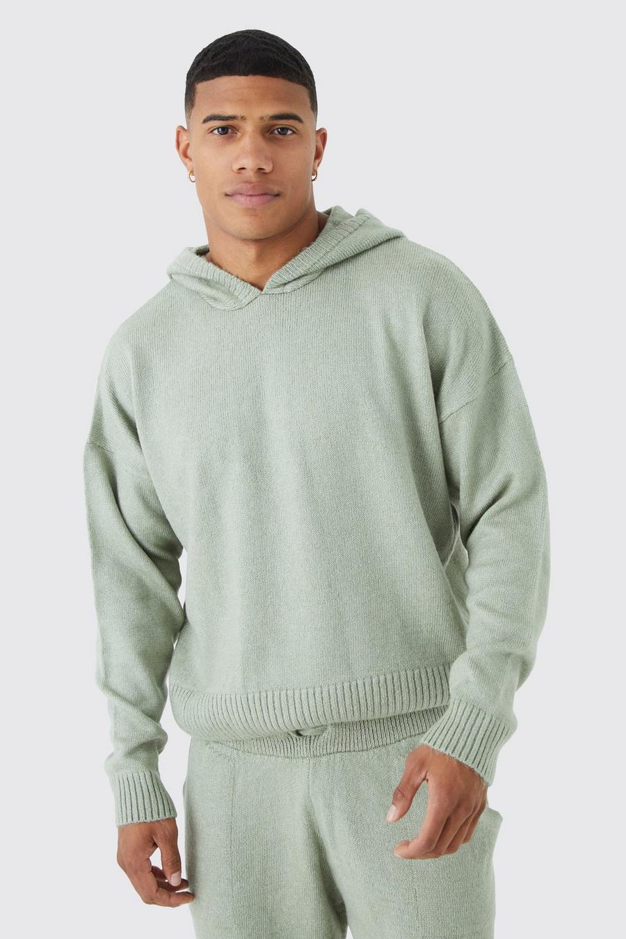 Sage Boxy Brushed Knitted Hoodie image number 1