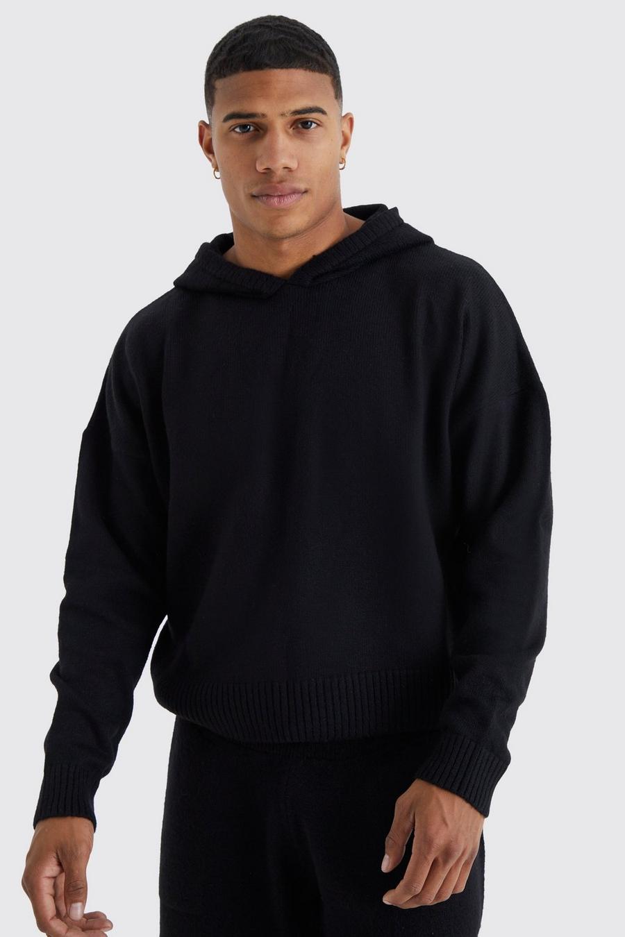 Black Boxy Brushed Knitted Hoodie