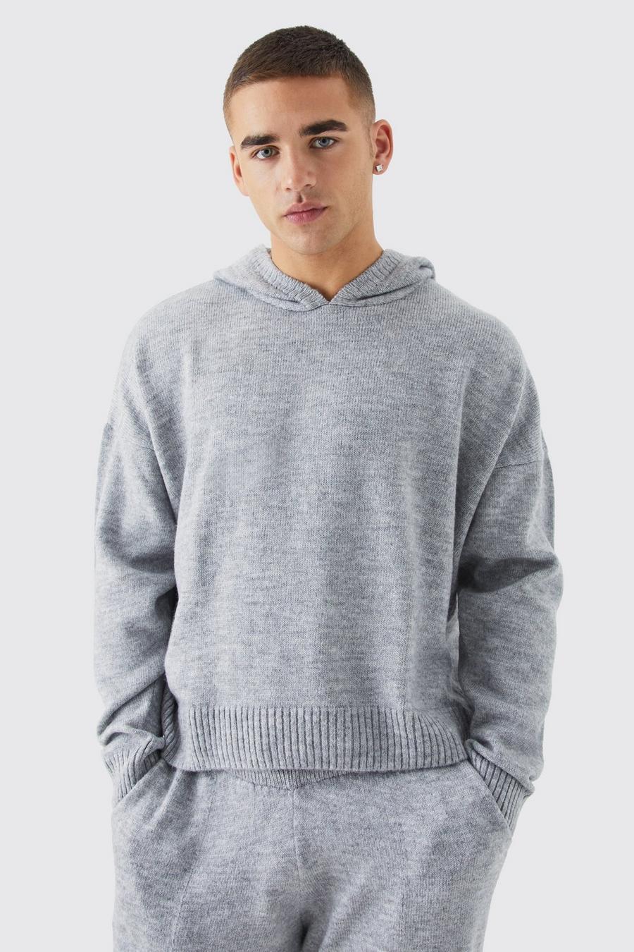 Grey marl Boxy Brushed Knitted Hoodie image number 1