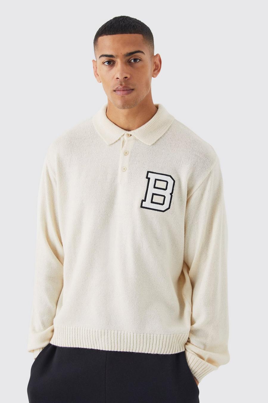 Ecru Boxy Knitted Varsity Polo With B Badge