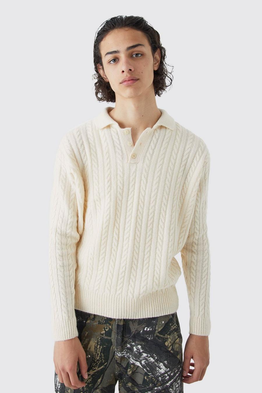 Ecru Boxy Long Sleeve Cable Knitted Polo