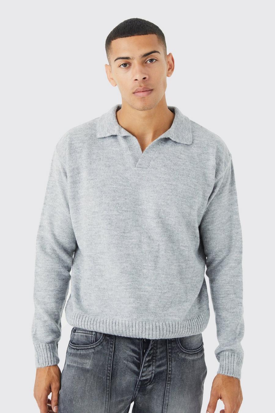 Grey marl Boxy Long Sleeve Knitted Revere Polo