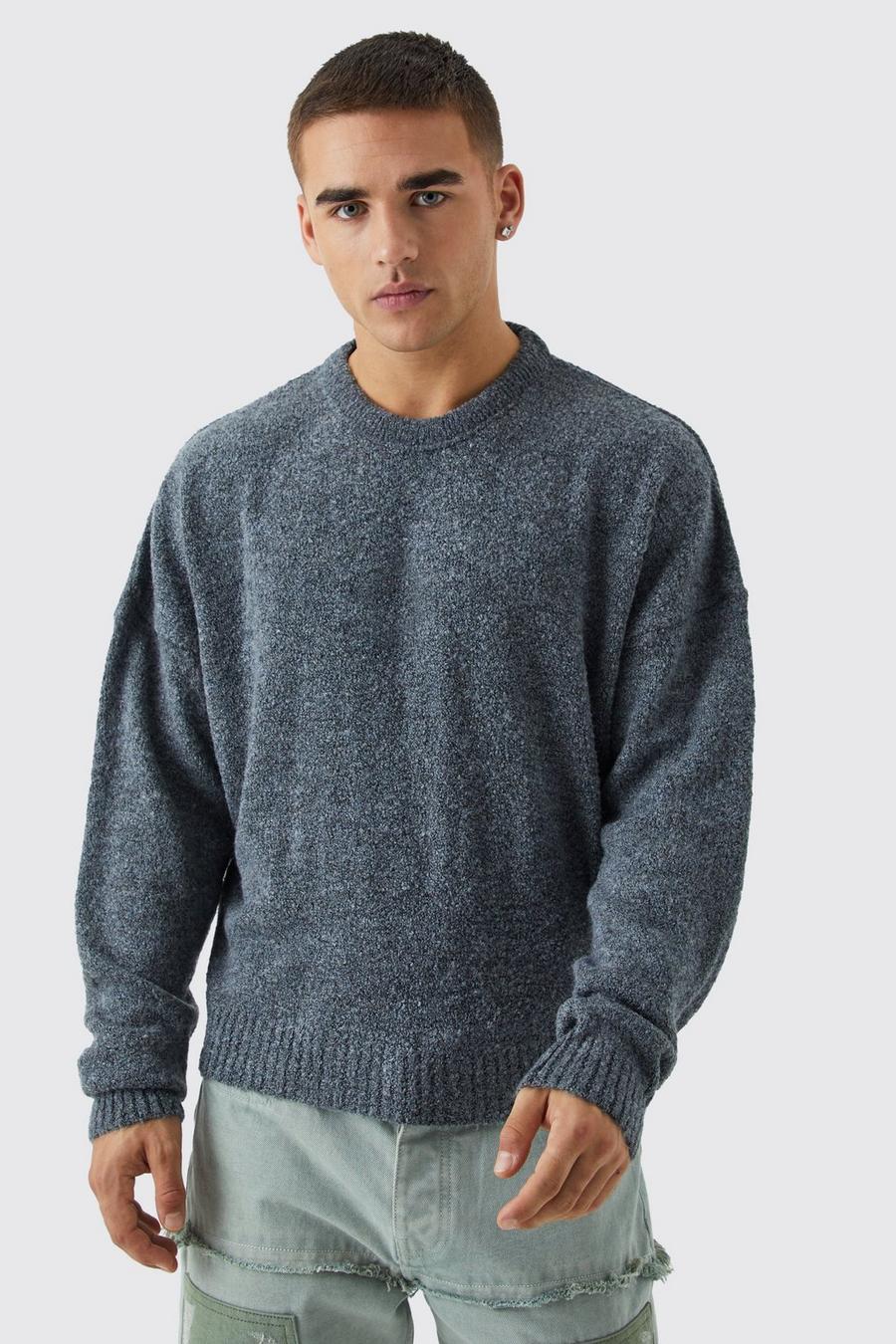 Charcoal Boxy Boucle Knit Extended Neck Jumper
