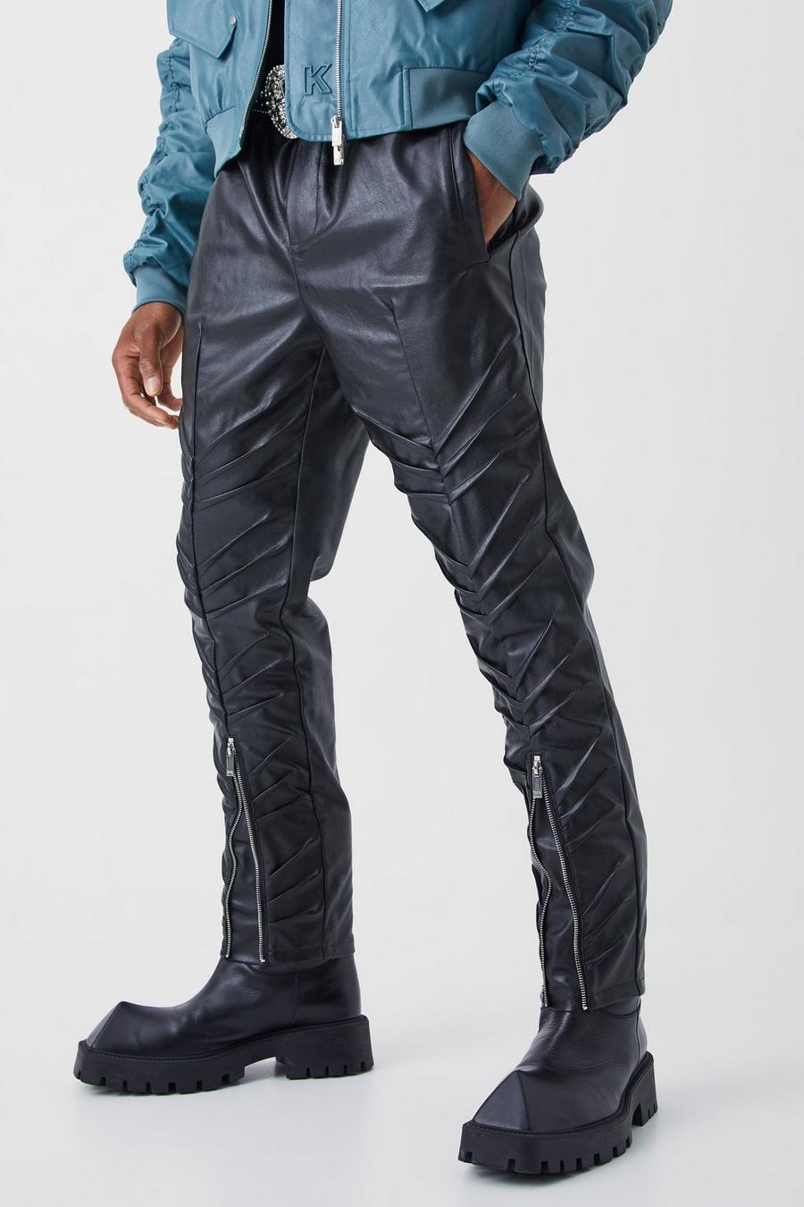 Pantaloni Slim Fit in PU con pieghe sul fondo e zip sul fondo, Black