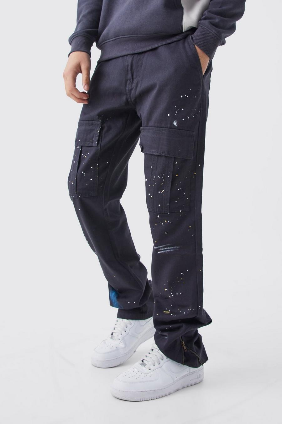 Charcoal Slim Stacked Zip Flare Paint Splatter Cargo Trouser