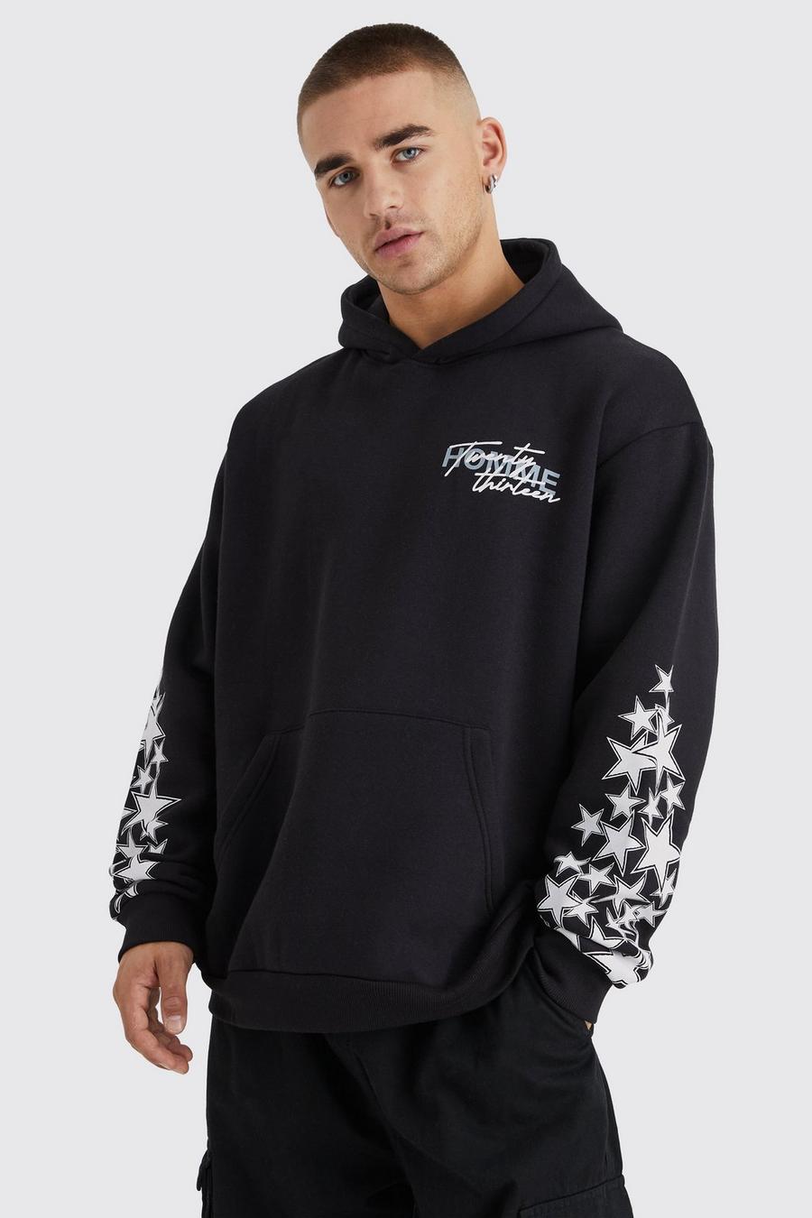 Black Oversize hoodie med stjärna och graffititryck