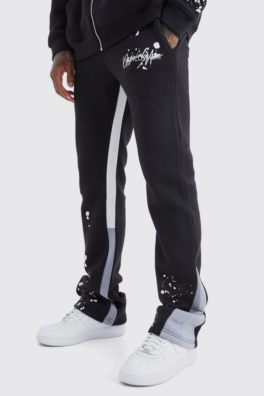 Pantaloni tuta Slim Fit a zampa con pieghe sul fondo e inserti, Black image number 1