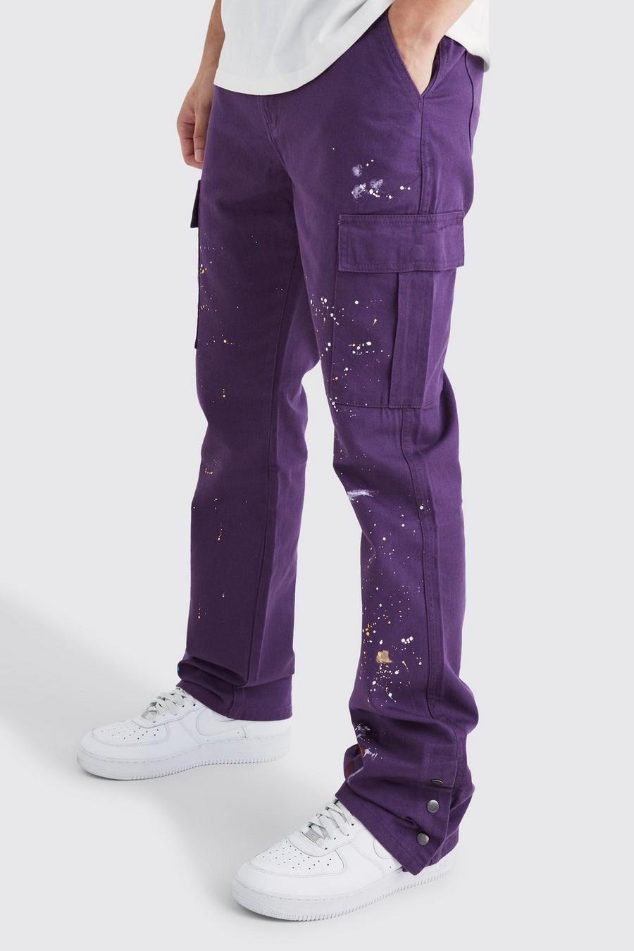 Pantalón Tall cargo ajustado de campana con botones de presión en el bajo y salpicaduras de pintura, Purple