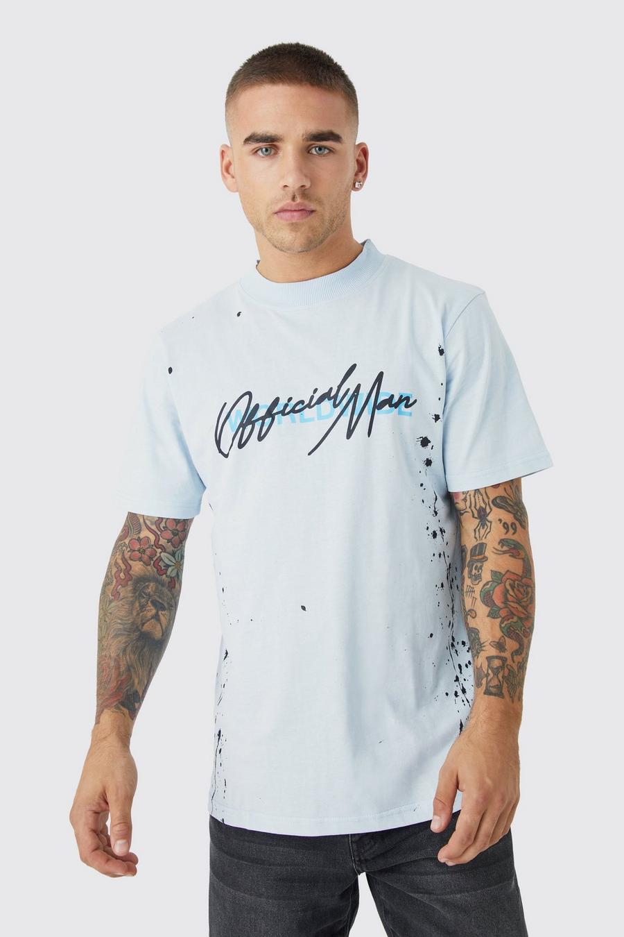 Oversize T-Shirt mit Graffiti-Print und Farbspritzern, Pale blue
