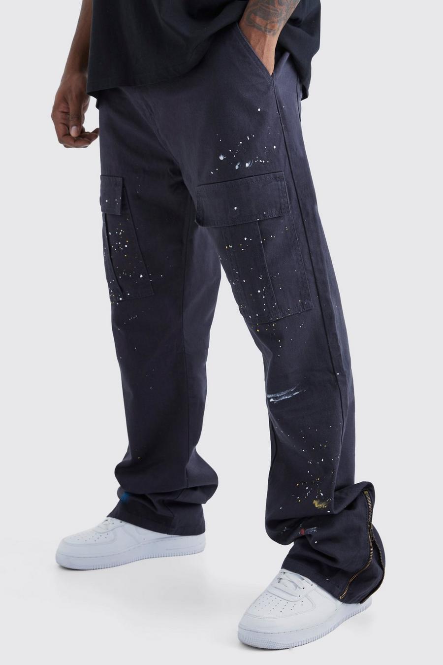 Charcoal Plus Slim Stacked Zip Flare Paint Splatter Cargo Trouser