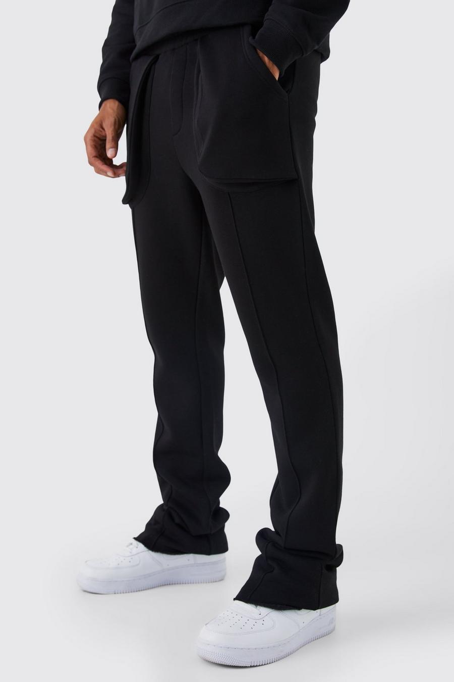 Pantaloni tuta a zampa Slim Fit con tasche in rilievo e dettagli in rilievo, Black
