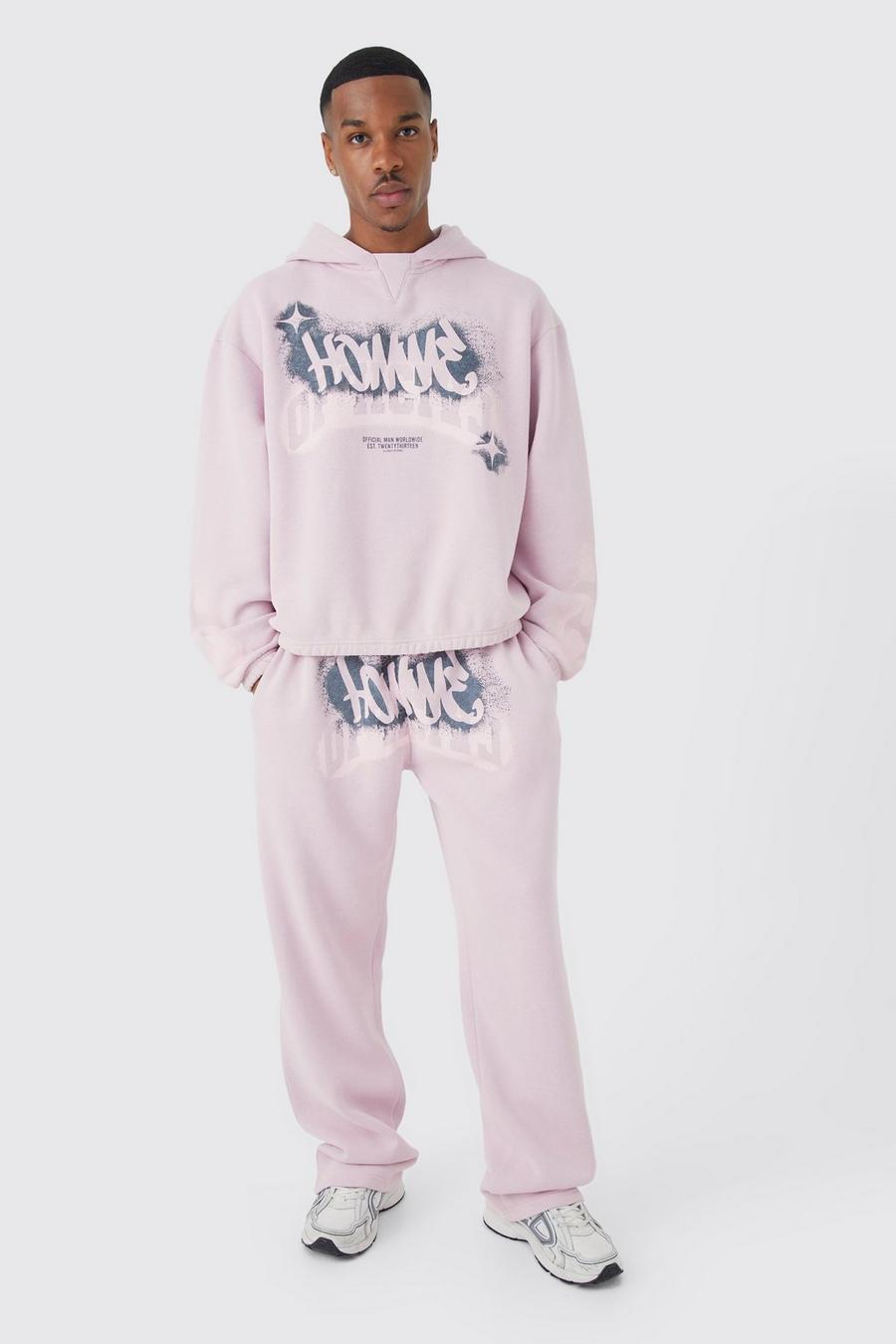 Dusty pink Boxy Fit Homme Graffiti Print Tracksuit 
