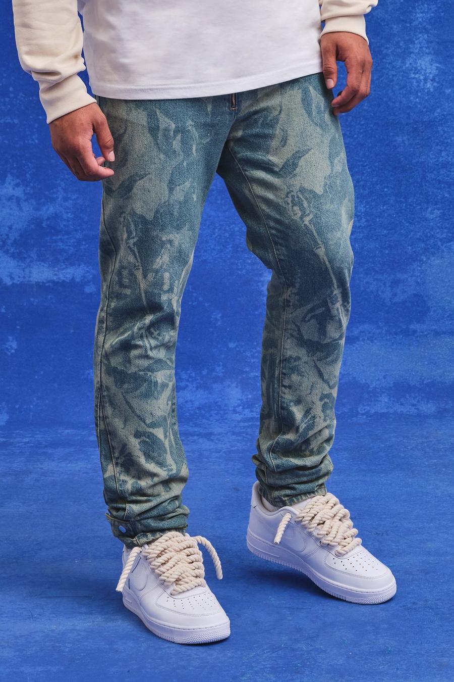 Jeans Slim Fit in denim rigido con stampa rinascimentale al laser, Antique blue