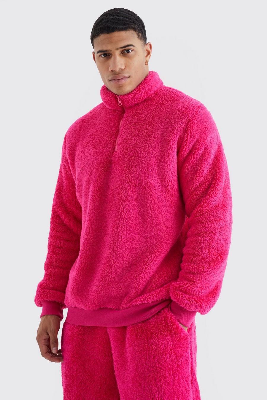 Oversize Borg-Sweatshirt mit Trichterkragen, Pink