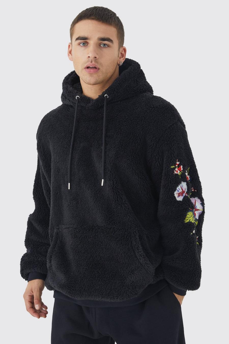 Black Oversized Borg Hoodie With Floral Embroidery