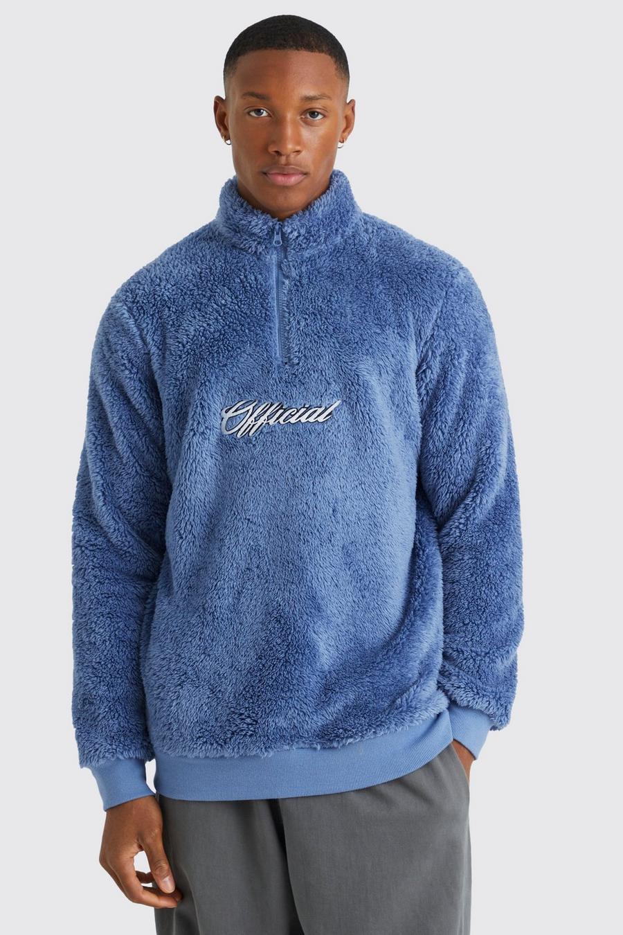 Slate blue Official Sweatshirt i teddy med kort dragkedja och kantband
