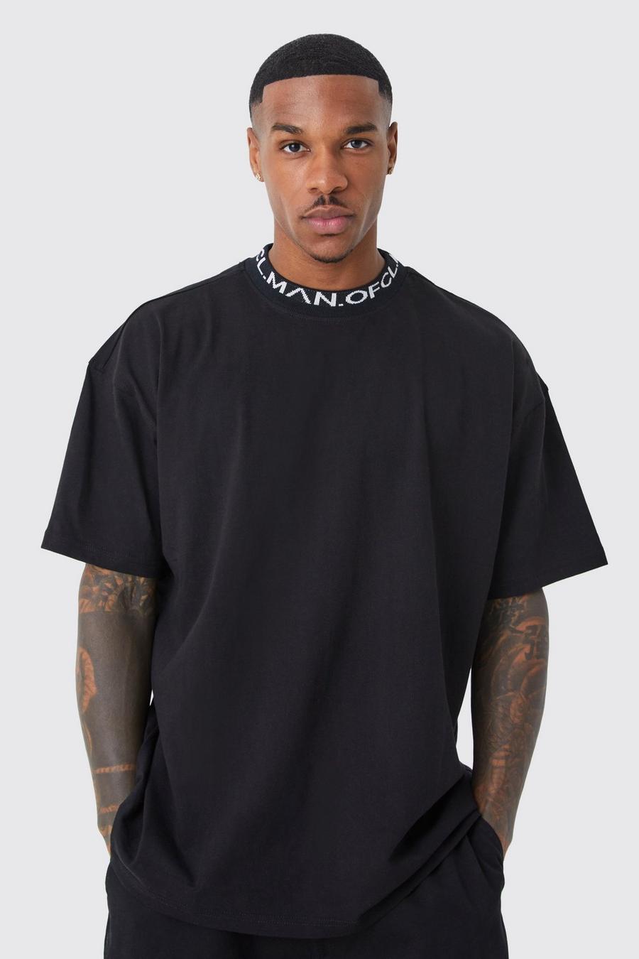 T-shirt oversize con colletto in jacquard, Black