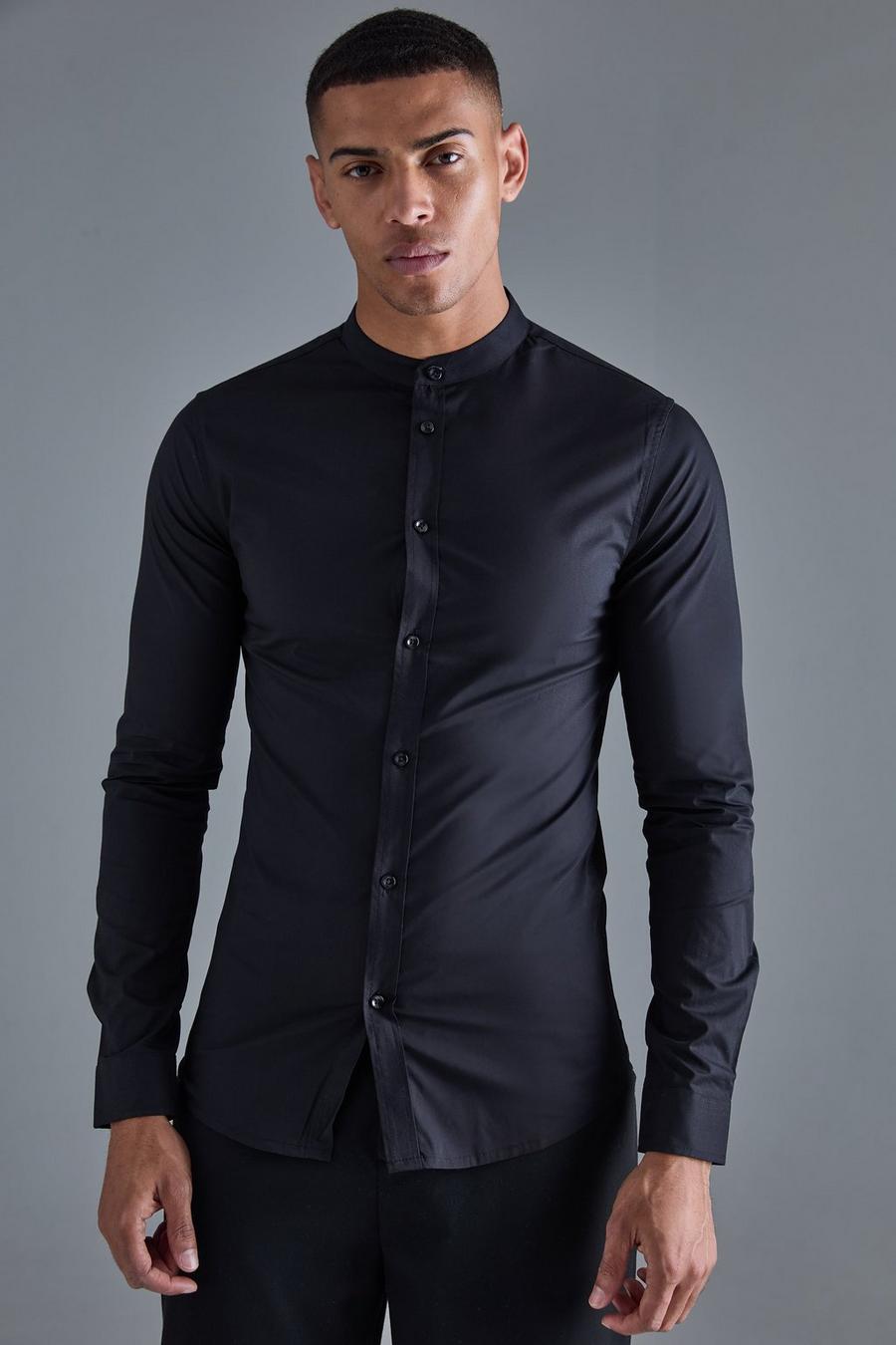 Camicia attillata a maniche lunghe con colletto serafino, Black image number 1
