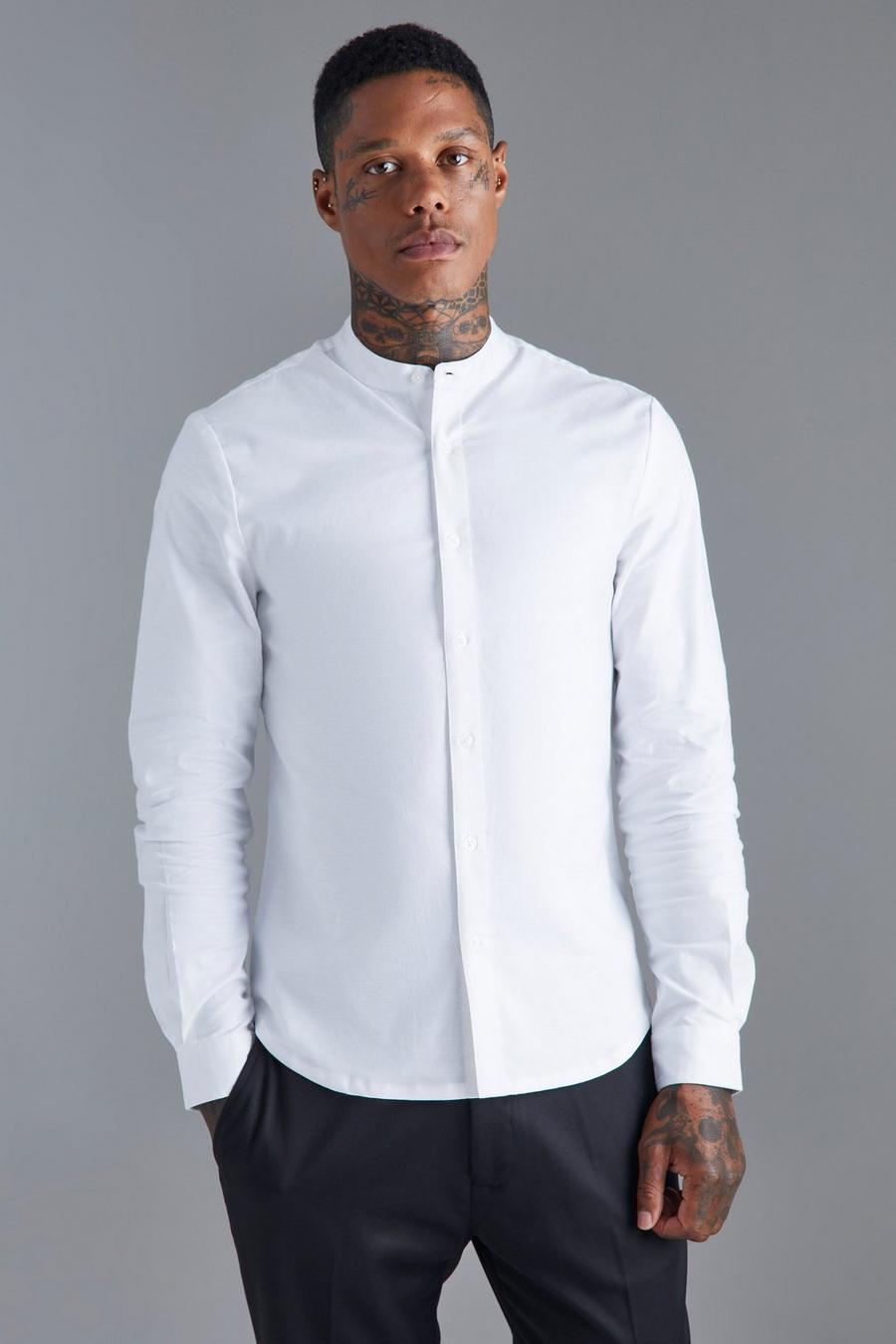 White Långärmad skjorta i slim fit med farfarskrage image number 1