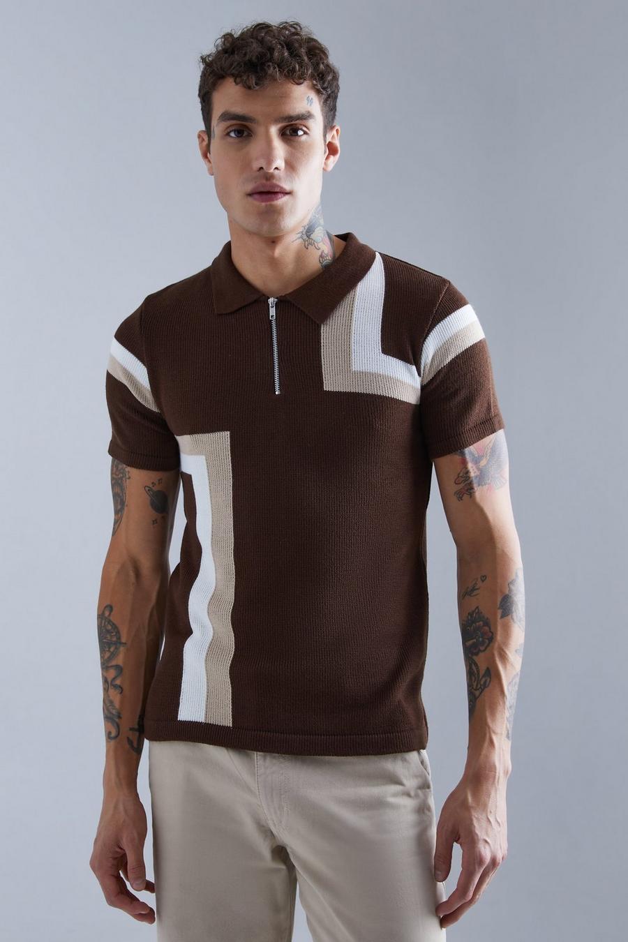 Chocolate Muscle Fit Colour Block Knitted Polo