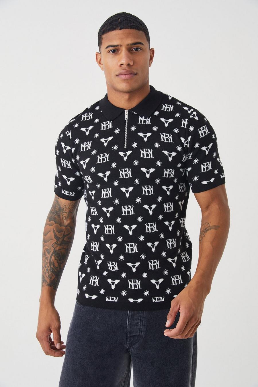 Black Jacquard Muscle Fit Polo Met Korte Rits image number 1