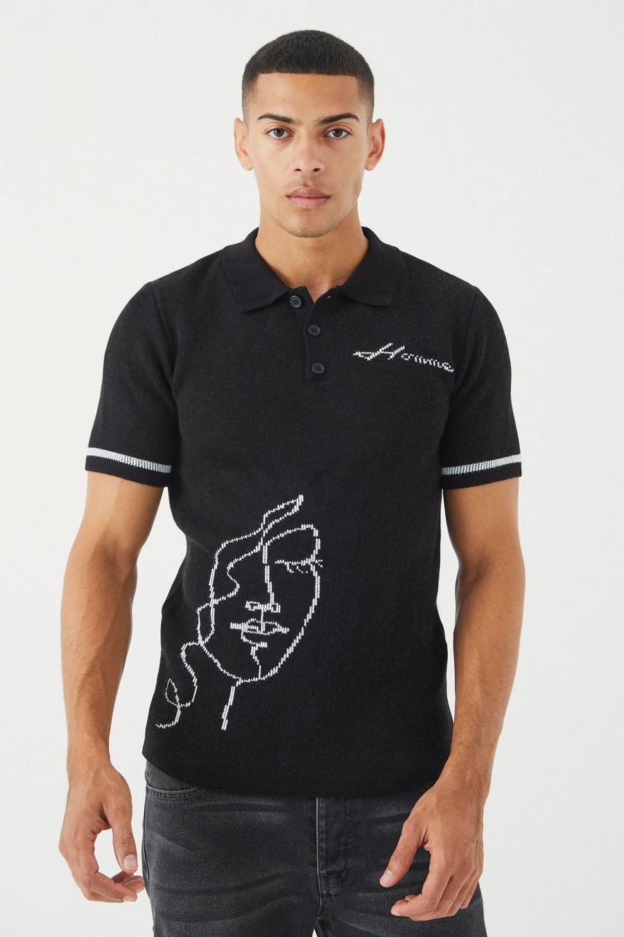 Black Muscle Fit Line Graphic Knit Polo