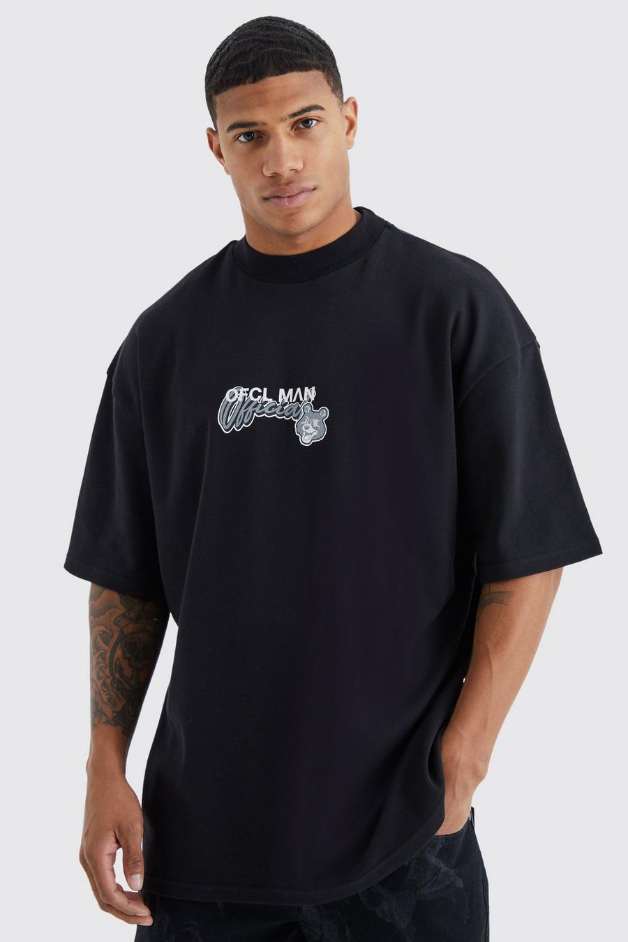 Camiseta oversize gruesa con estampado gráfico de oso, Black
