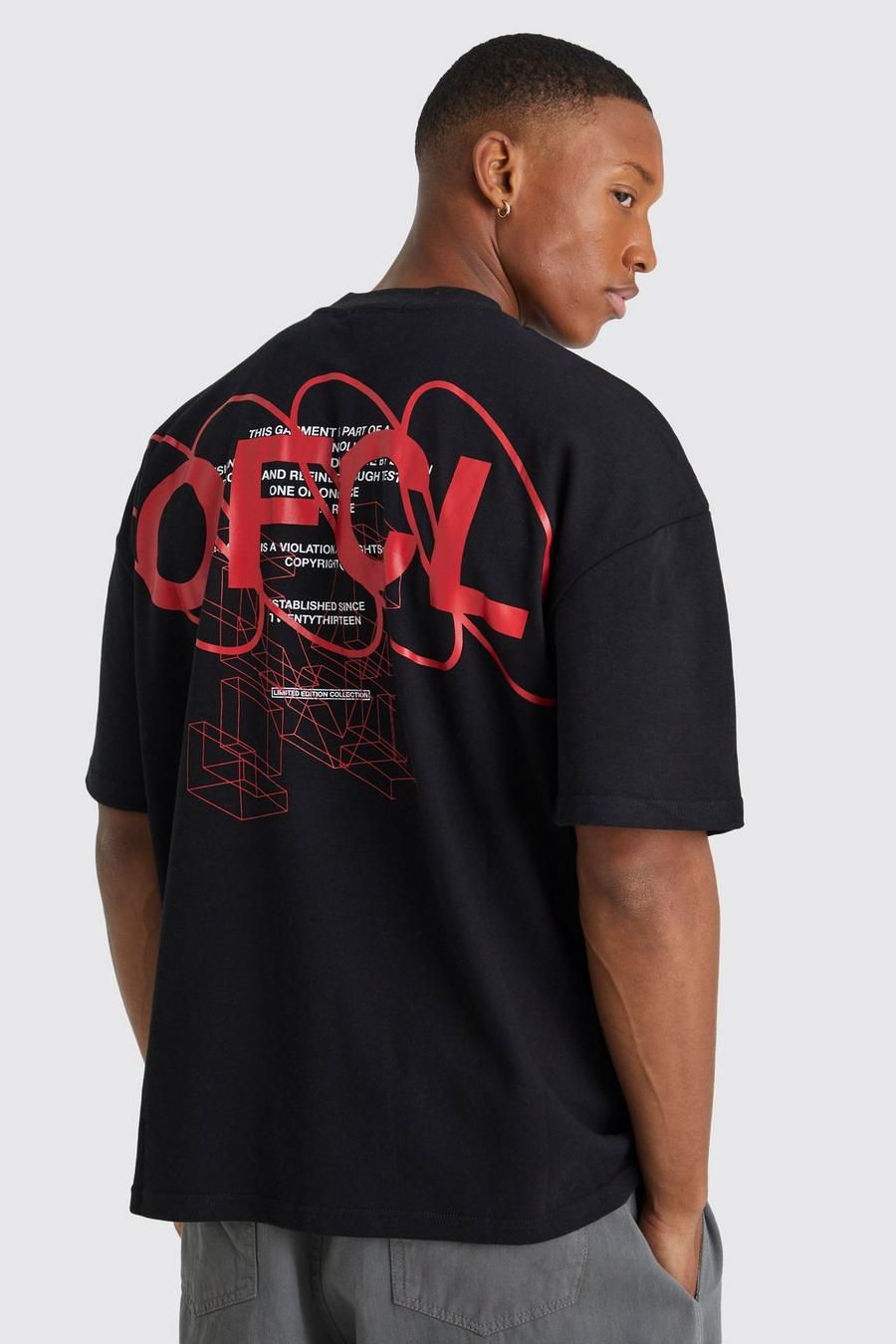 Camiseta oversize con estampado gráfico Ofcl en la espalda, Black