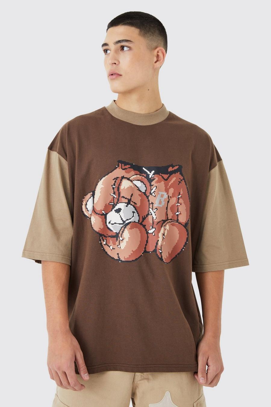 T-shirt oversize pesante con orsetto e mezze maniche, Brown