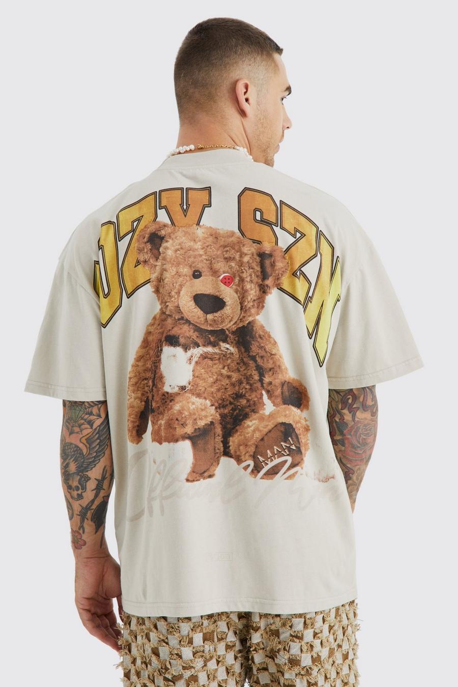 T-shirt oversize pesante con orsetto e girocollo esteso, Beige