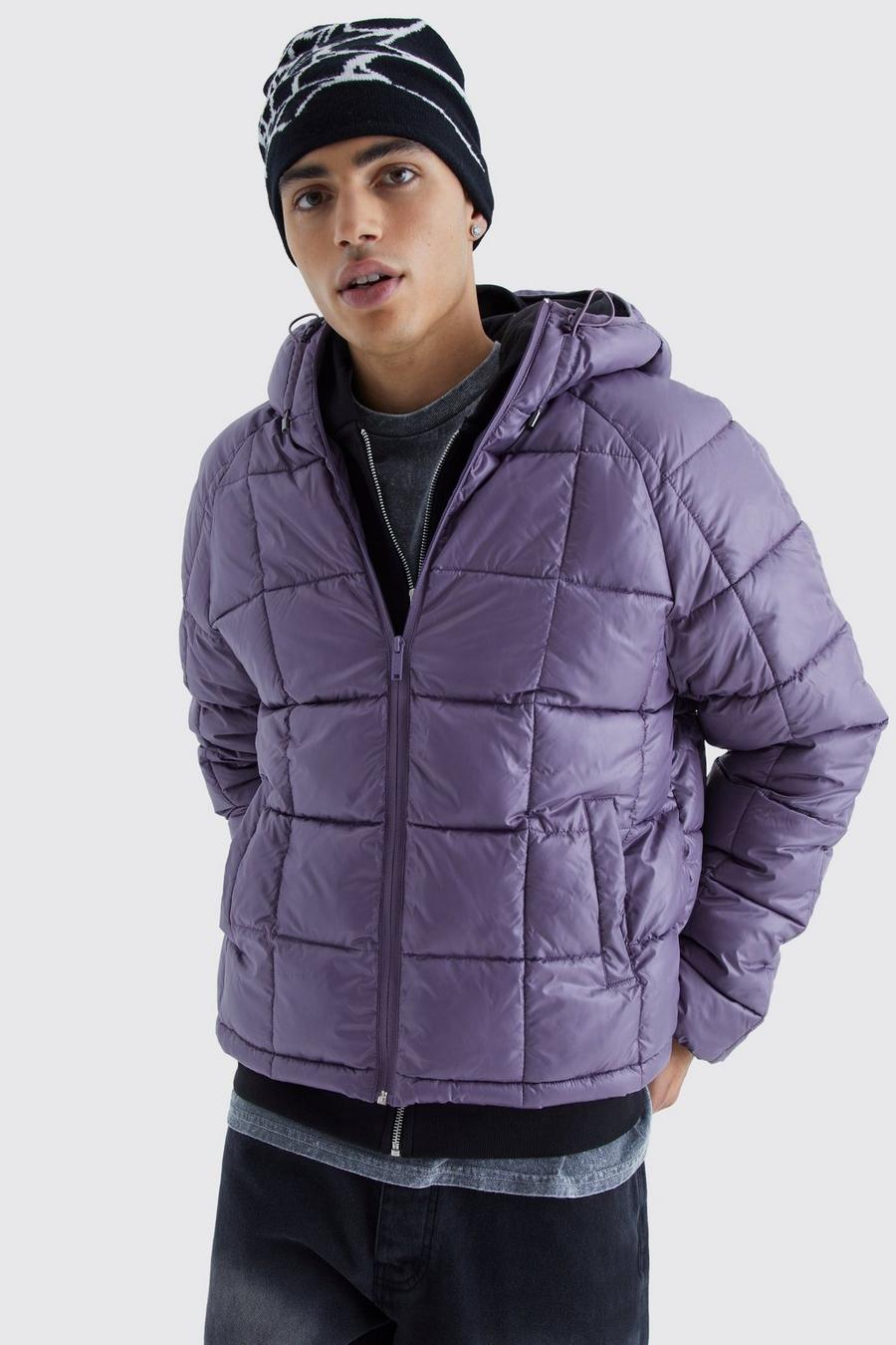 Mauve Boxy Square Quilted Puffer With Hood