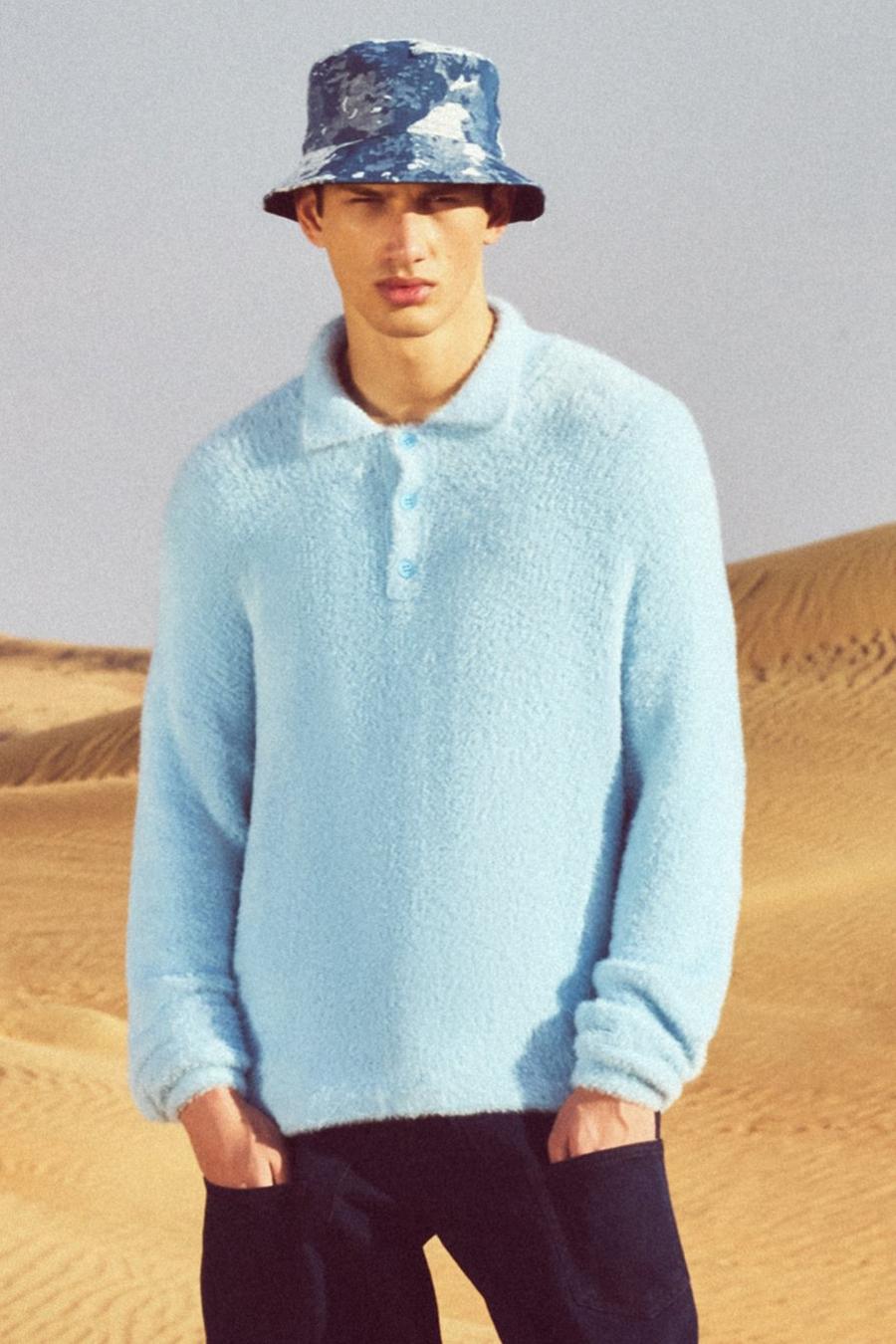 Pale blue Boxy Fluffy Knitted Polo