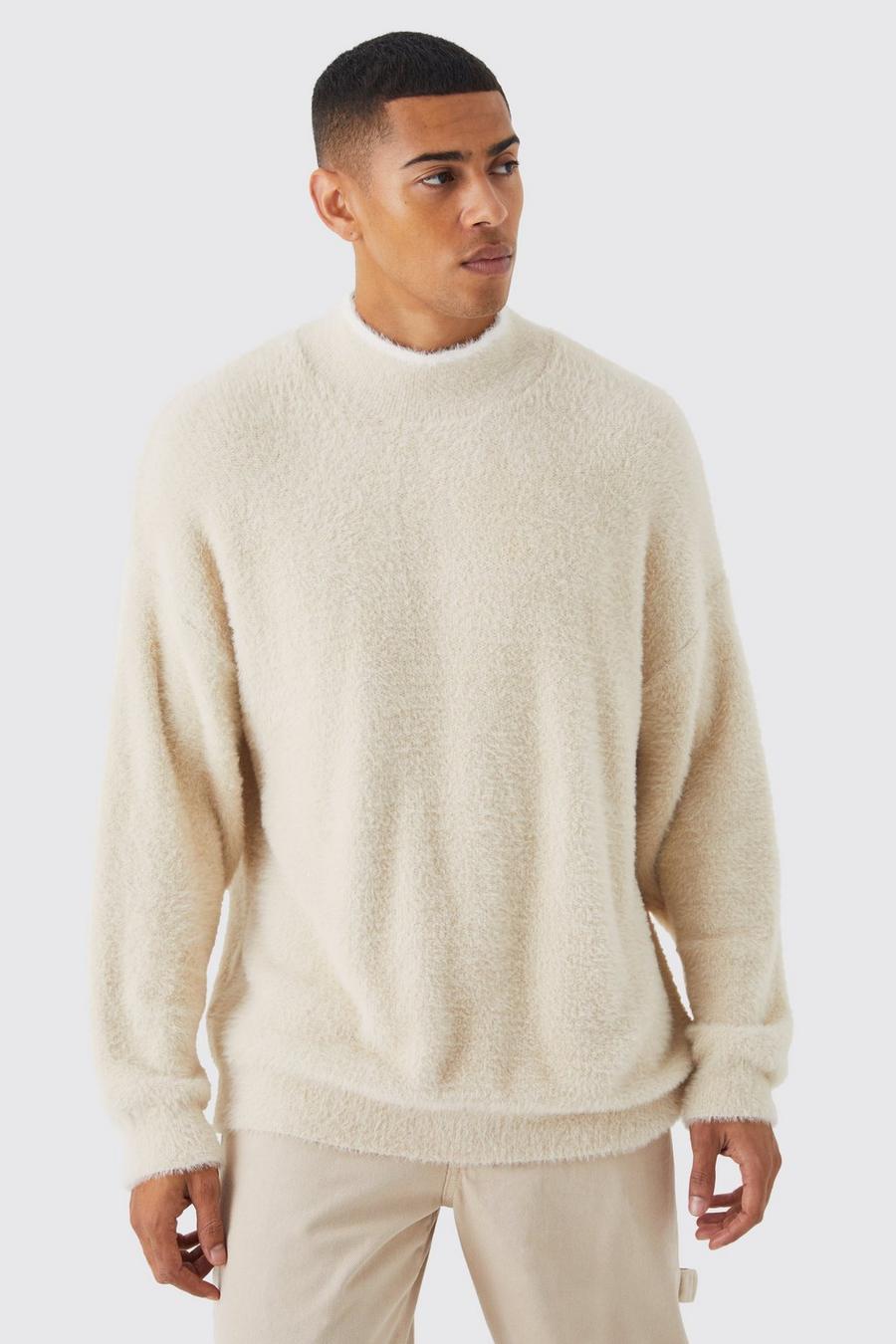 Stone Oversized Fluffy Funnel Neck Jumper With Tipping