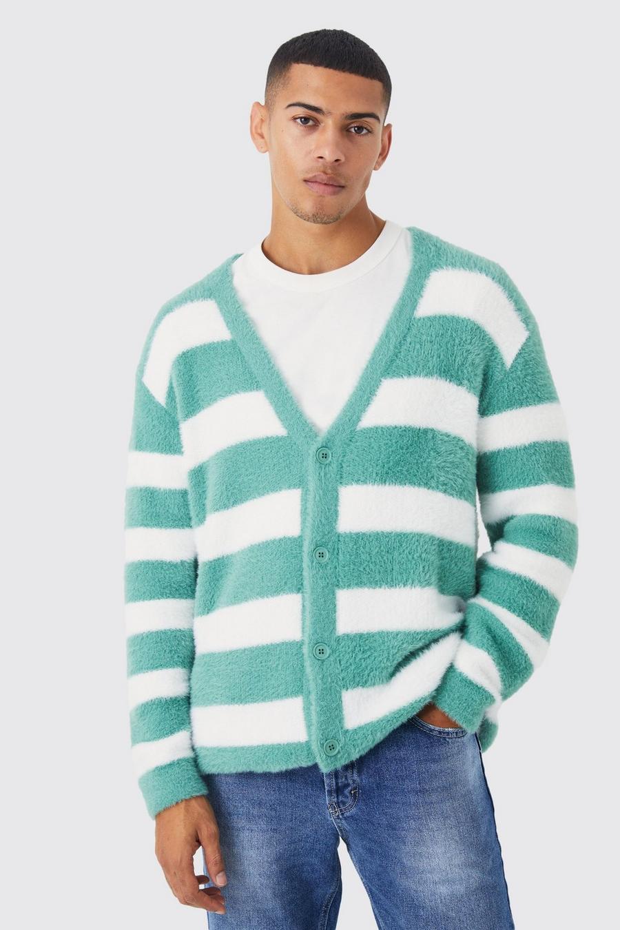 Sage Oversized Stripe Fluffy Cardigan