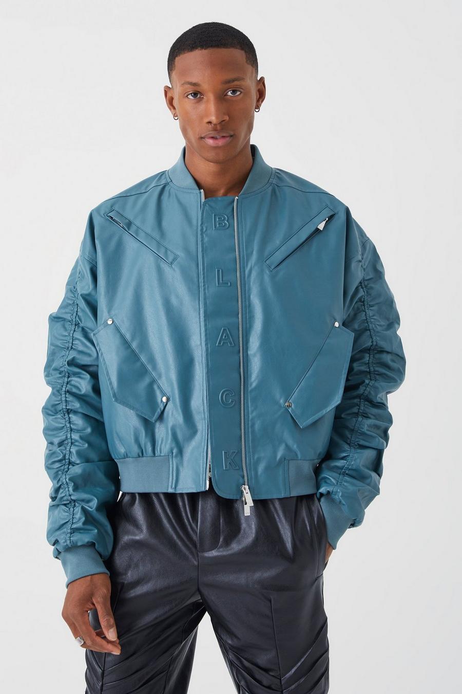 Teal Boxy Embossed Pu Bomber With Ruching 