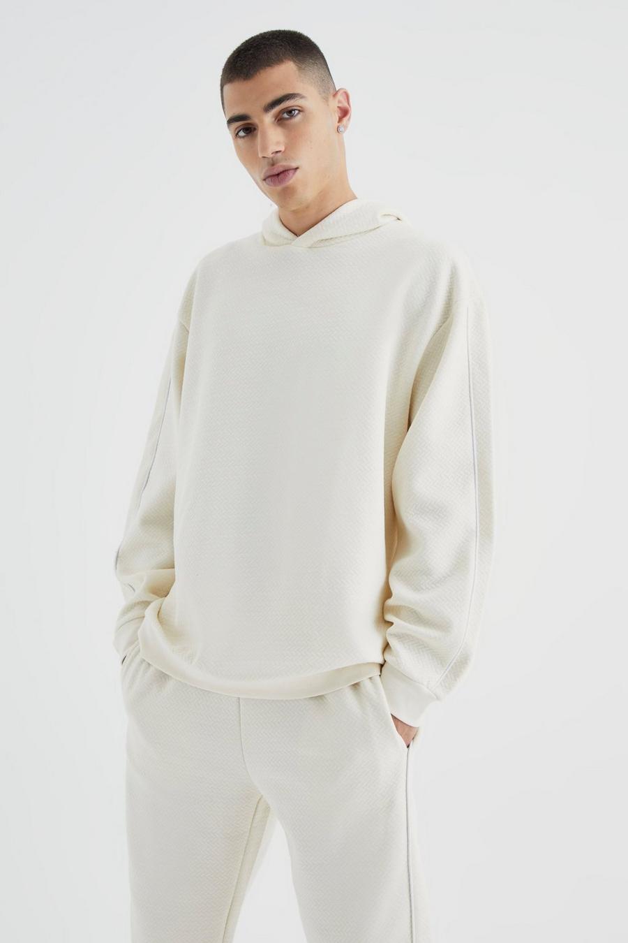 Ecru Oversized Heavy Textured Pipped Hoodie image number 1