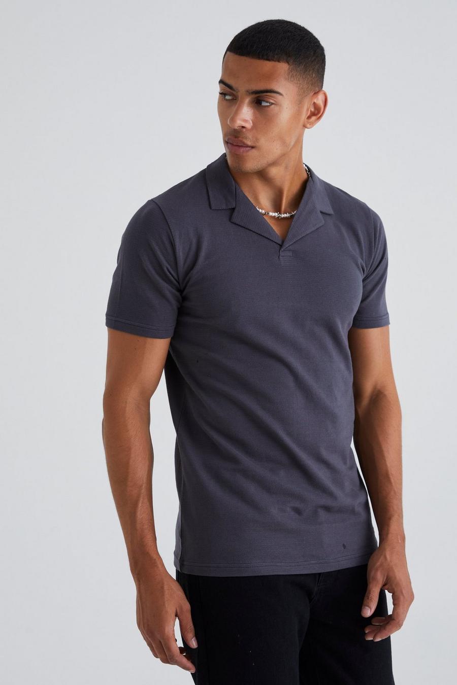 Strukturiertes Slim-Fit Poloshirt, Charcoal