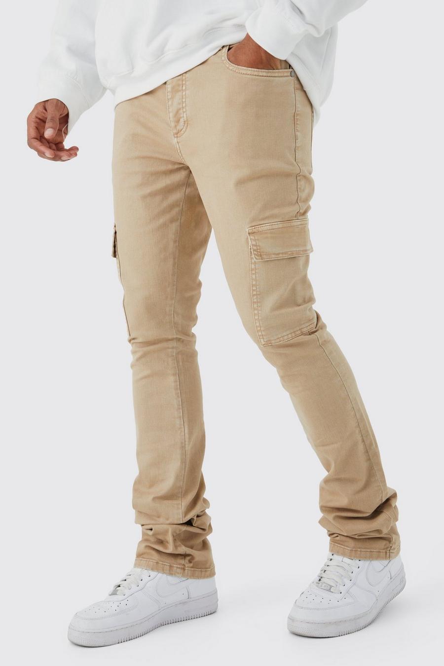 Pantaloni Cargo Skinny Fit sovratinti a zampa con pieghe sul fondo, Stone image number 1