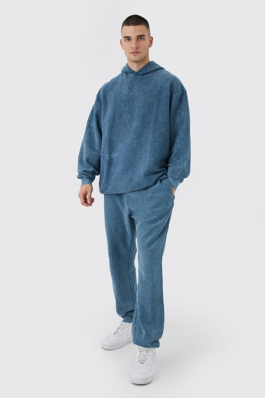 Slate Tall Oversized Washed Cord Hooded Tracksuit