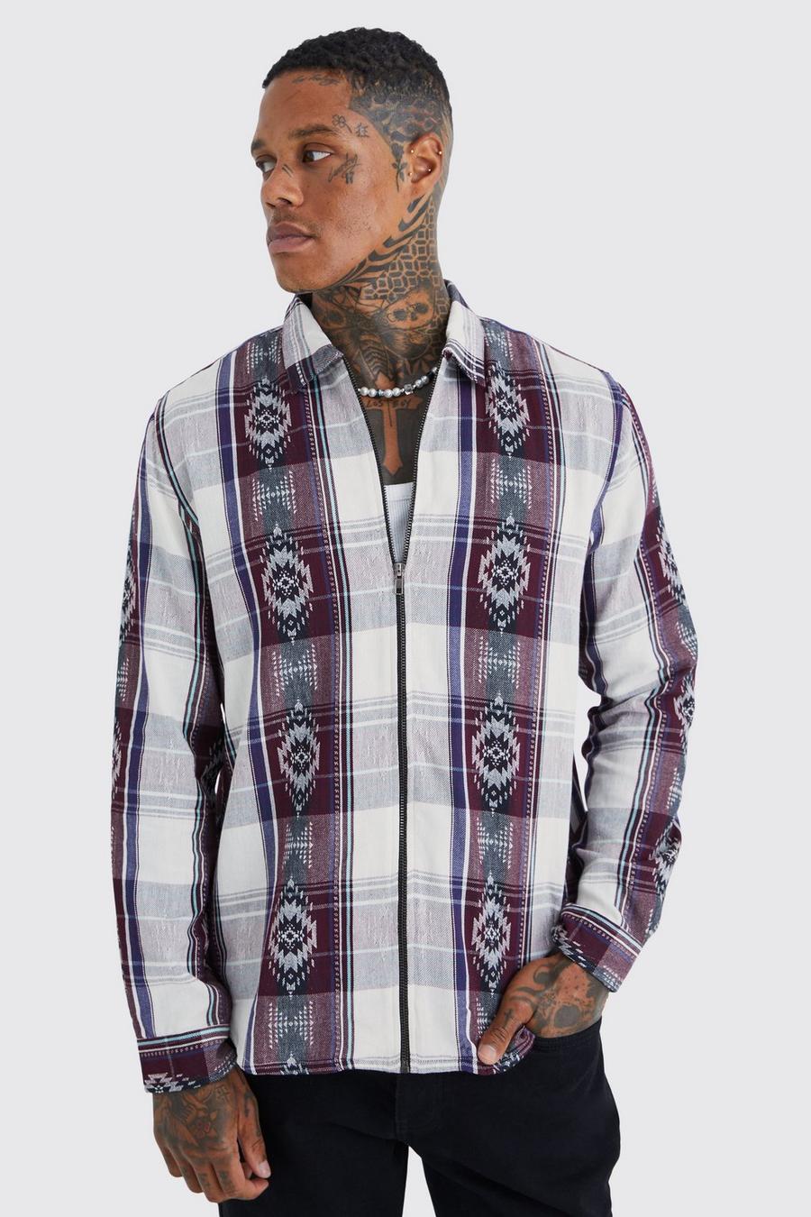 Ecru Long Sleeve Zip Through Aztec Overshirt 