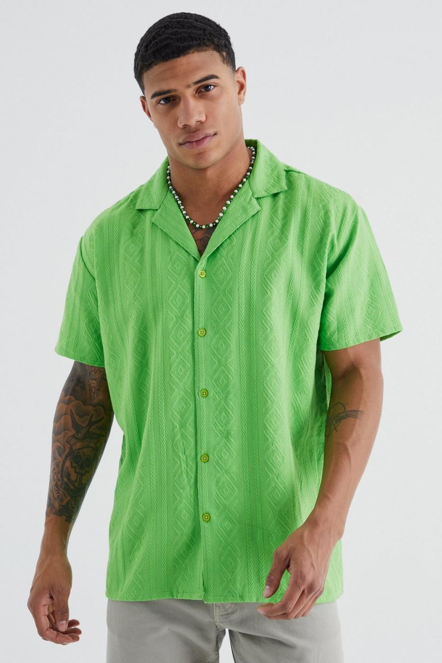 Camicia oversize a maniche corte con stampa azteca tono su tono, Green