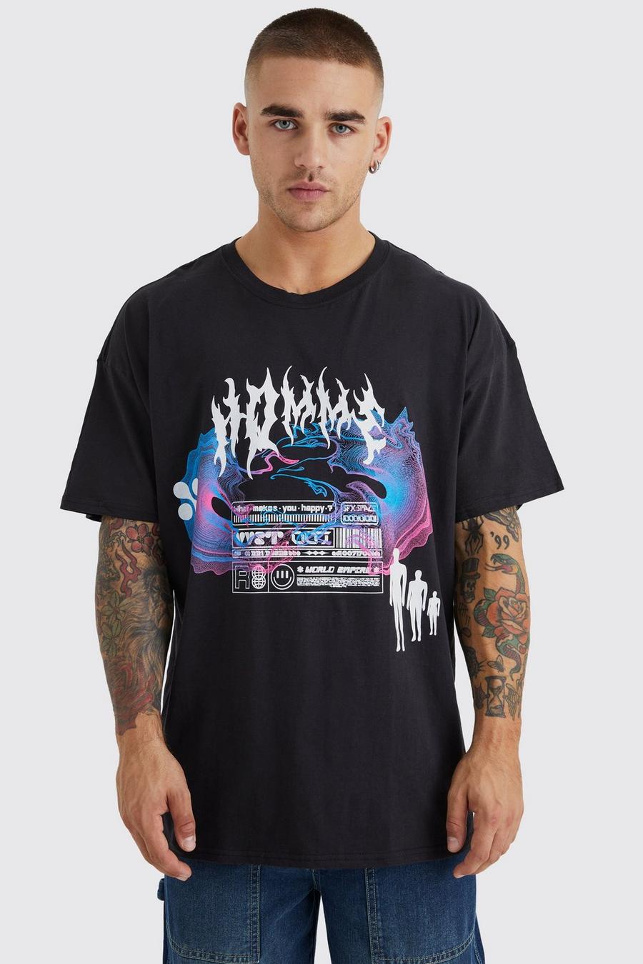 Oversize T-Shirt mit Homme Print, Black image number 1