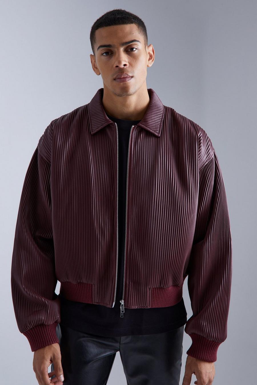 Burgundy red Boxy Pleated Faux Leather Harrington