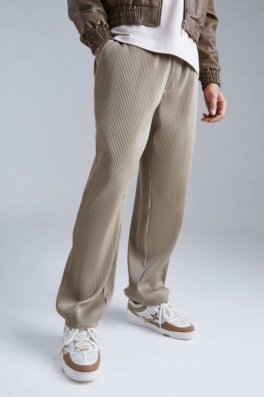 Taupe Elastic Waist Straight Fit Pu Trousers