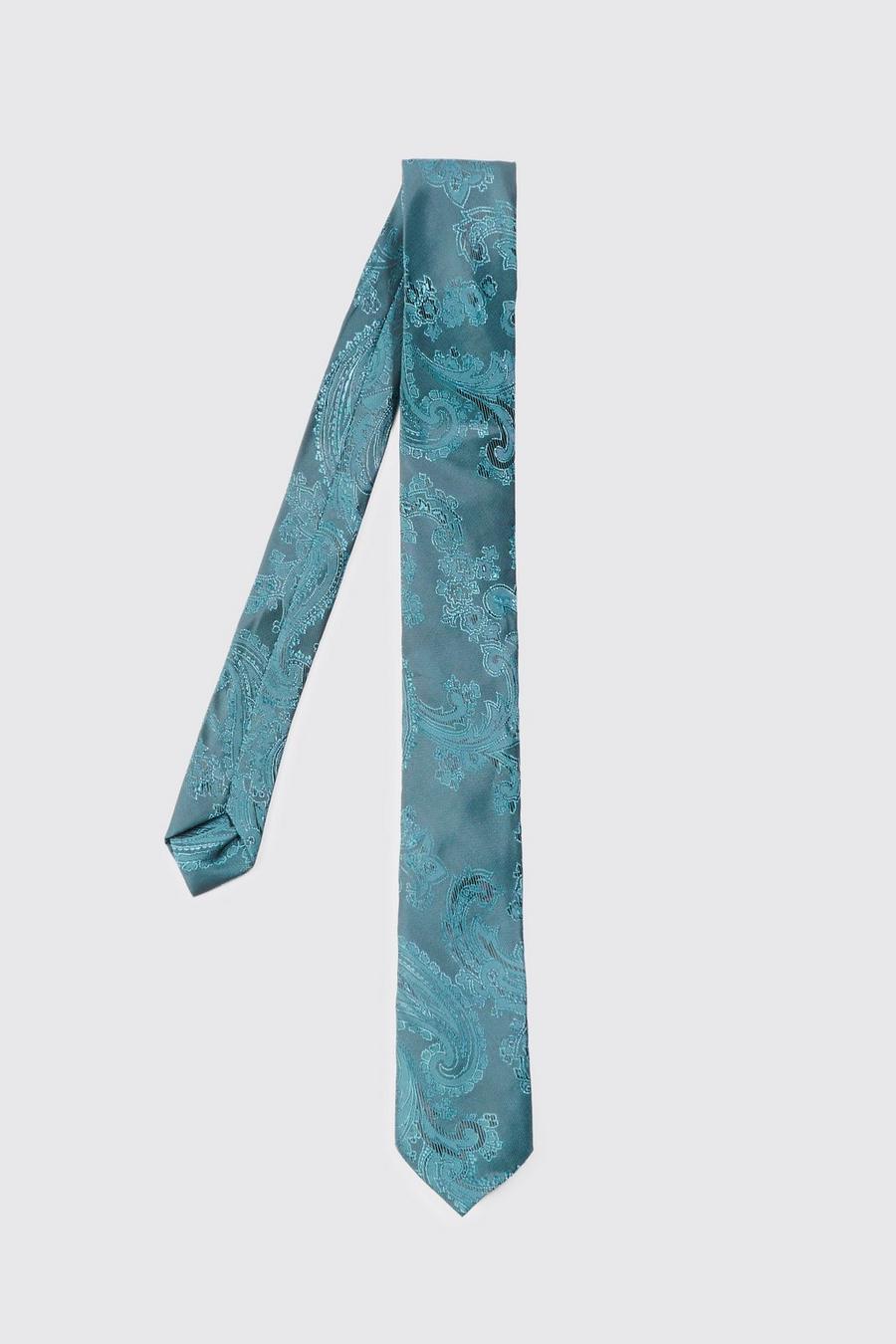 Corbata fina lisa con estampado cachemira, Teal image number 1