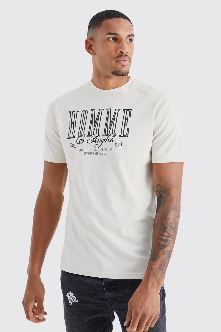 Tall Slim-Fit T-Shirt mit Homme-Print, Ecru