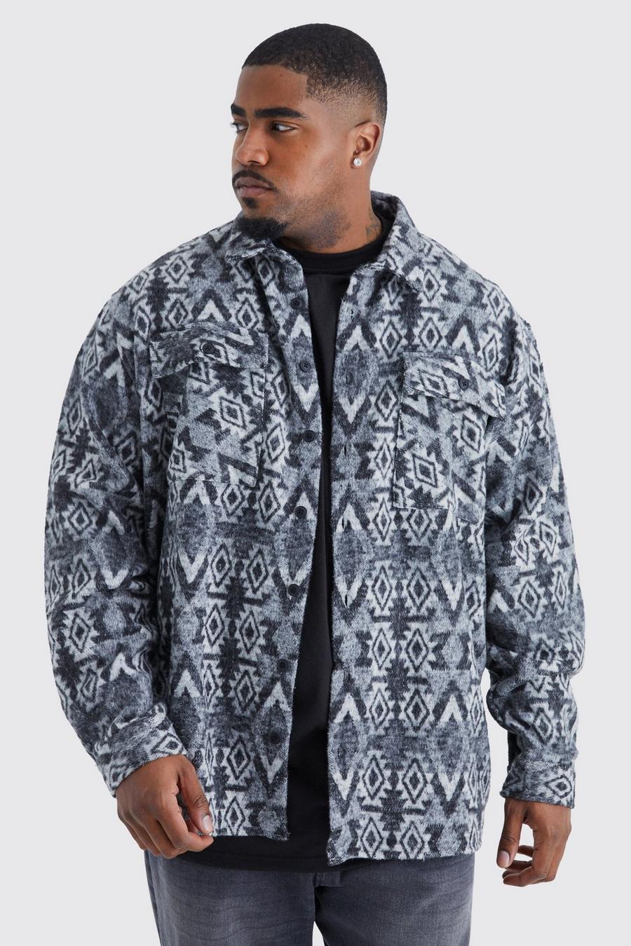 Grey Plus Longsleeve Oversized Aztec Overshirt