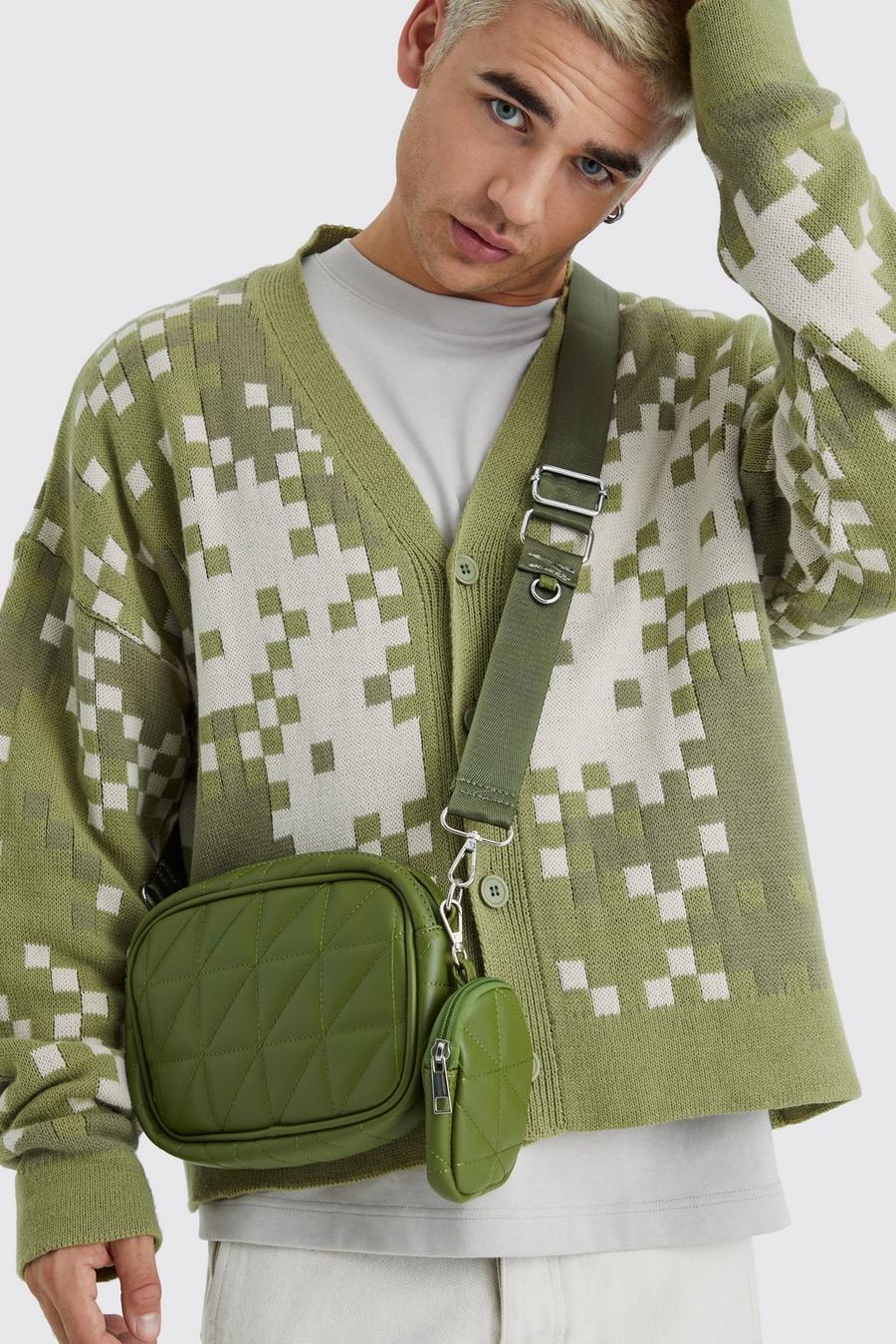 Khaki Quilted Cross Body Bag With Attachment